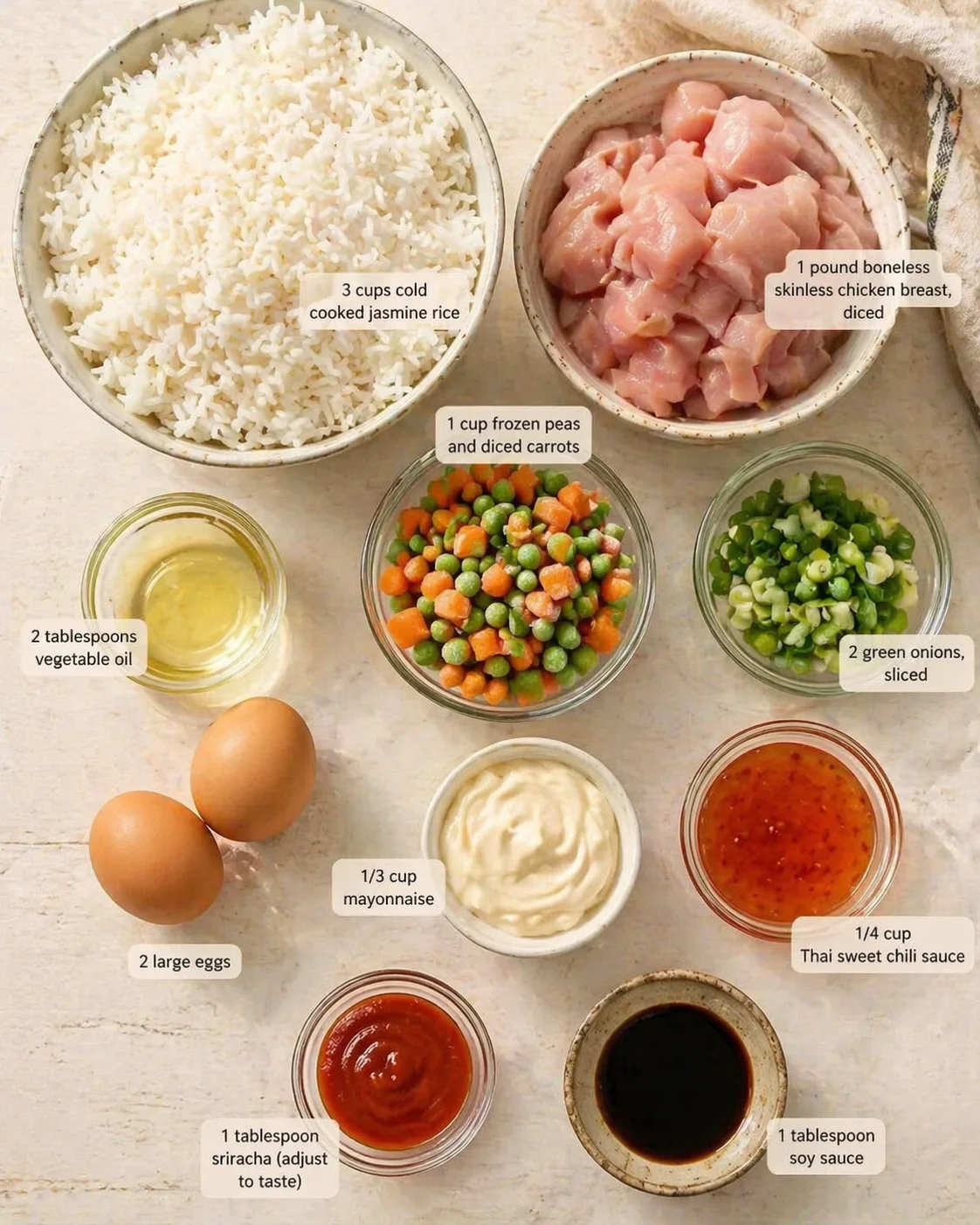 Overhead view of ingredients for chicken fried rice: rice, diced chicken, peas and carrots, green onions, eggs, and sauces.