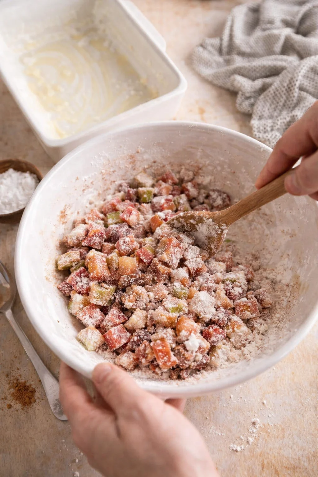 Hands stir colorful cubed fruit dusted with flour in a white mixing bowl