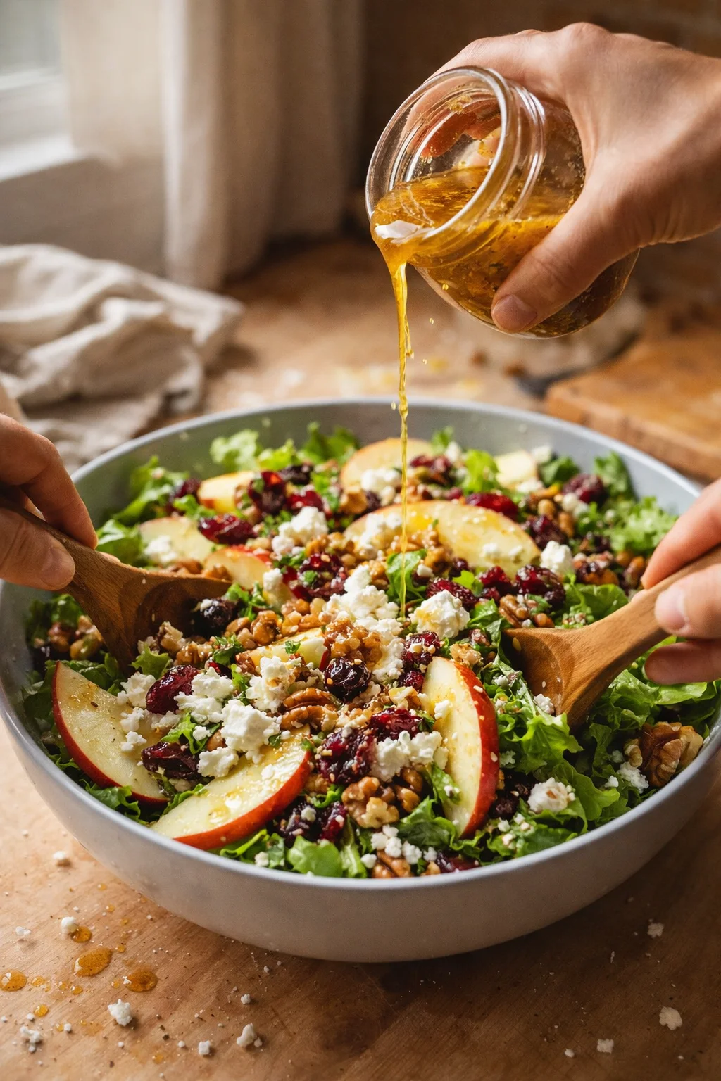 Large bowl of greens with apple slices, cranberries, feta, and walnuts being dressed.