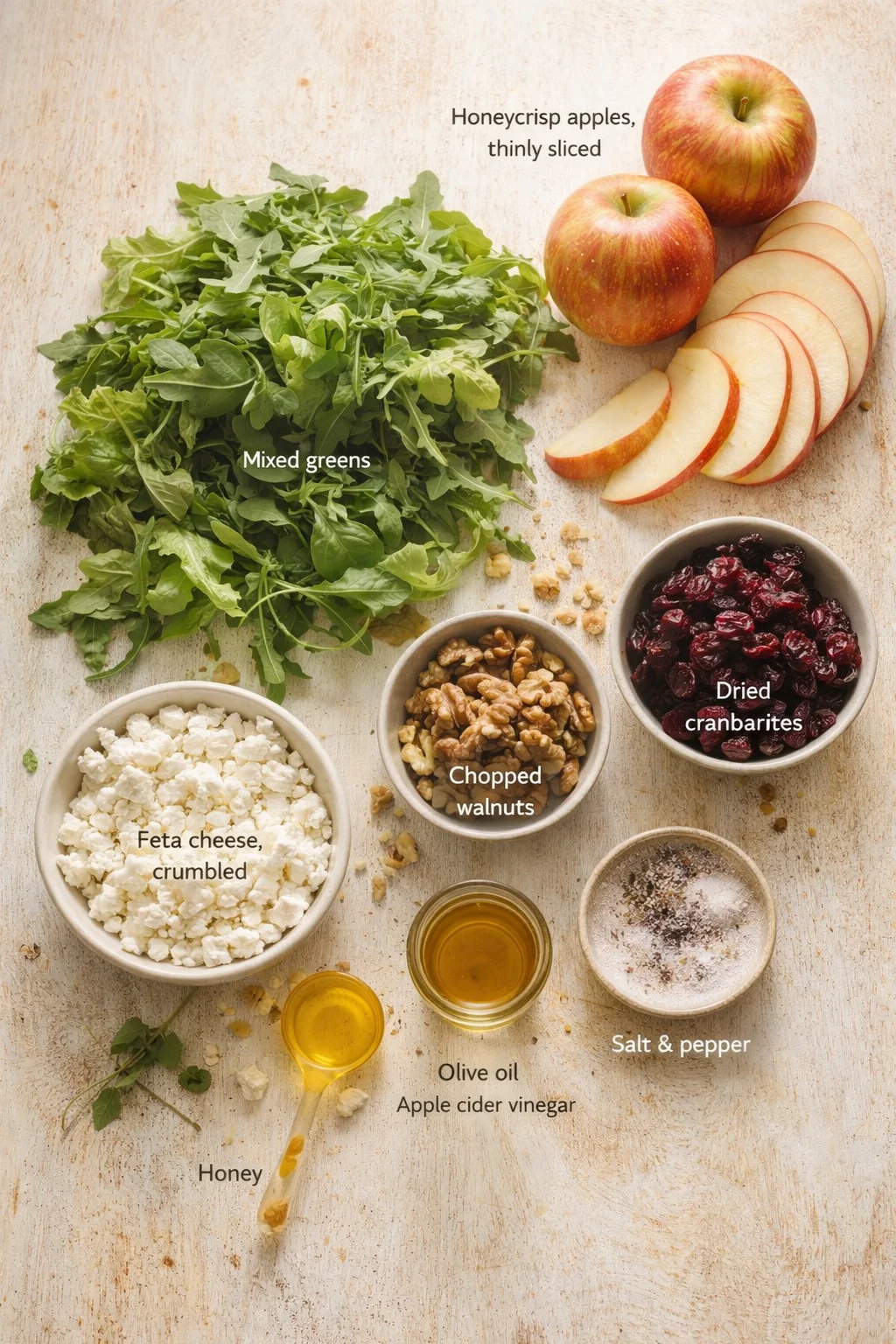 Top-down view of mixed greens, sliced apples, feta, walnuts, cranberries, and small bowls of honey, olive oil, vinegar.