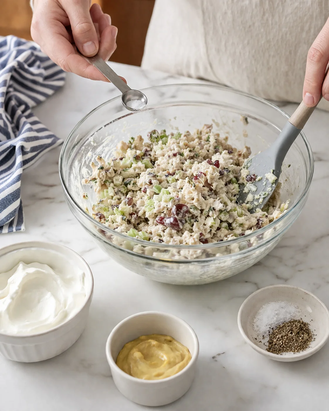 Hands season a creamy chicken salad with celery and cranberries in a glass bowl.