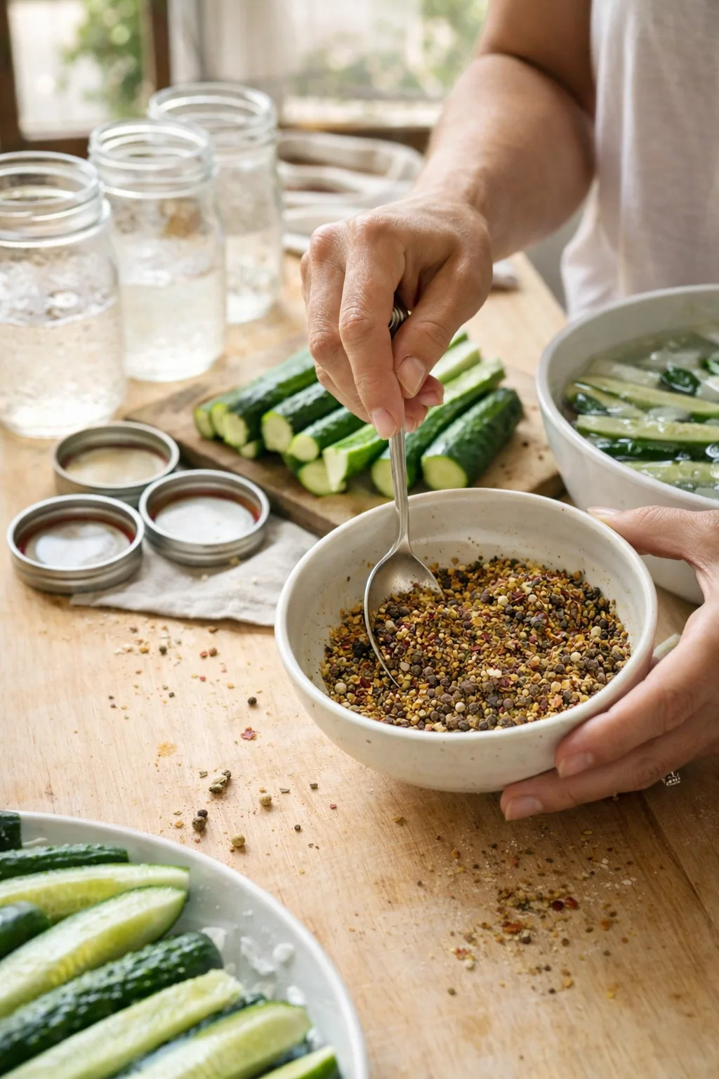 hands-spooning-a-colorful-multiseed-spice-mix-over-cucumber-spears-on-a-wooden-table