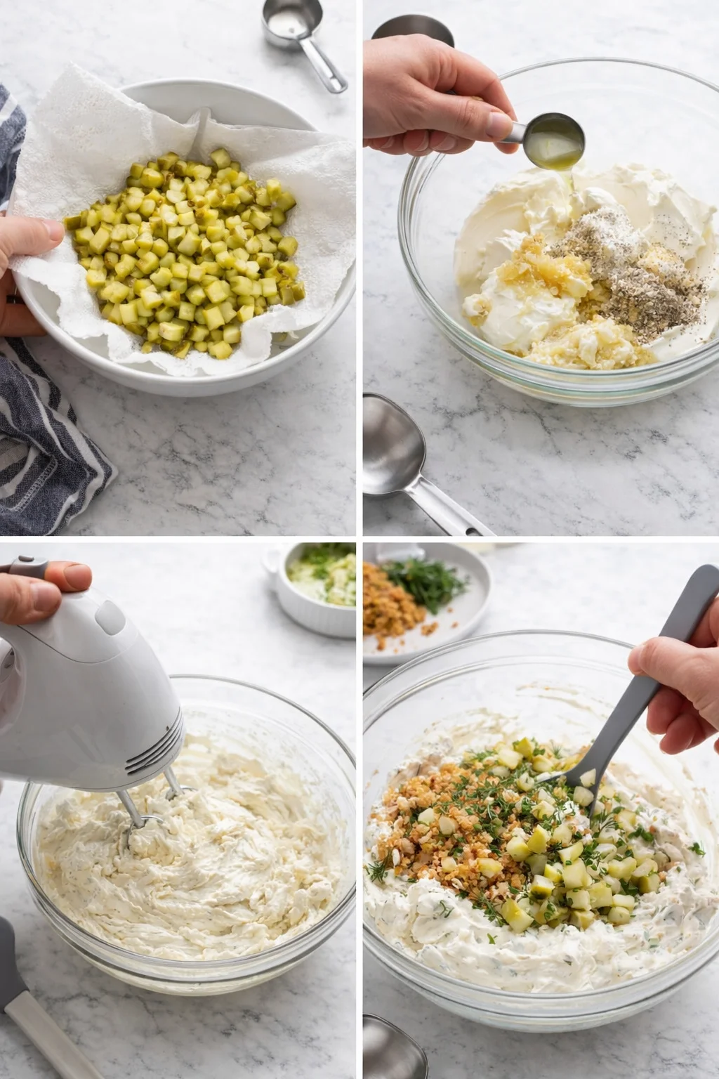 four-panel collage showing diced apples, cream-cheese filling, whisking, and folded topping