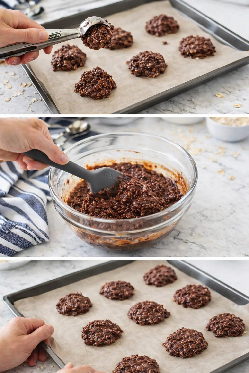 Hands shaping glossy chocolate oat clusters on parchment on a baking sheet; bowl of chocolate mixture in background.