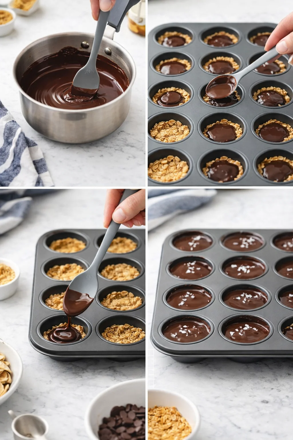 Collage showing melting chocolate, pouring ganache into oat-crust muffin cups, and filling the pan