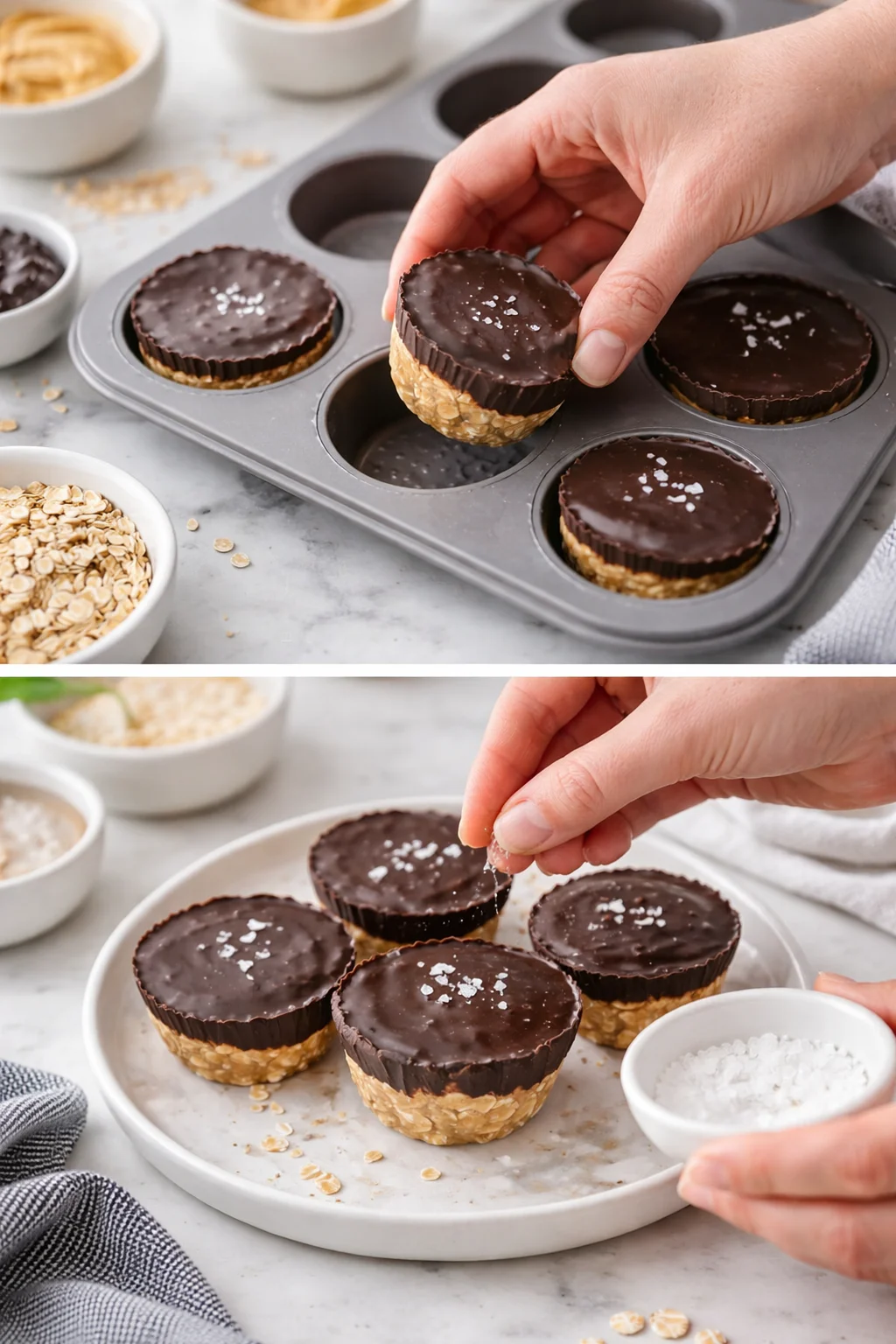 hand placing glossy chocolate-topped oat cups from muffin tin onto marble countertop