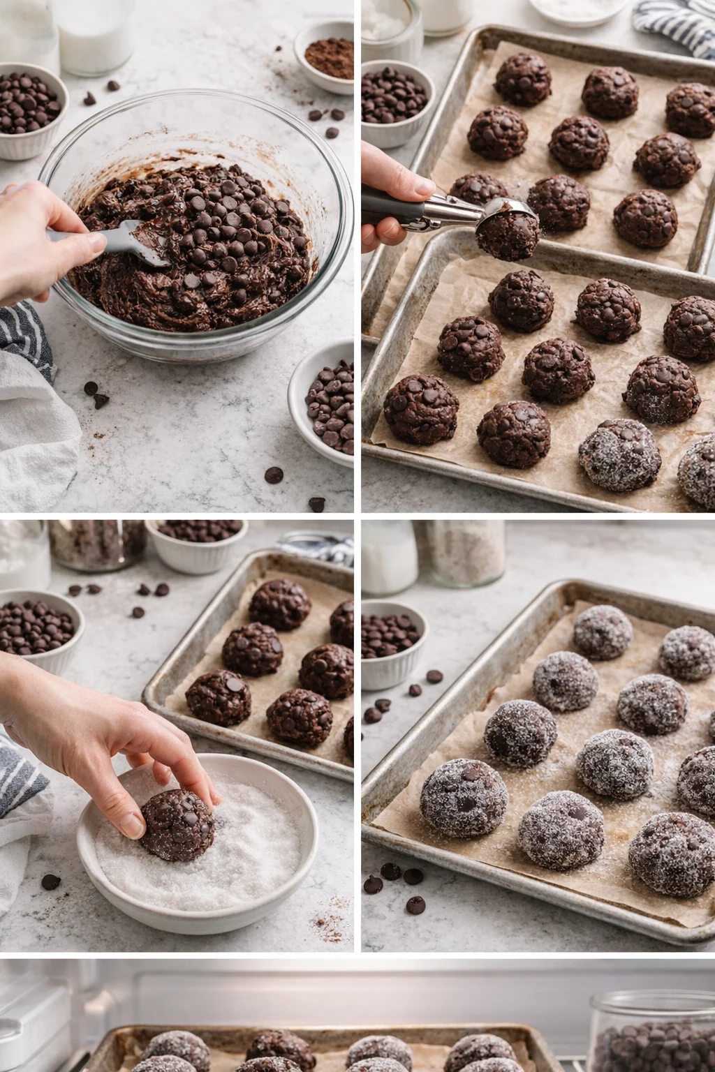 Collage of hands shaping and coating no-bake chocolate truffles on parchment-lined trays
