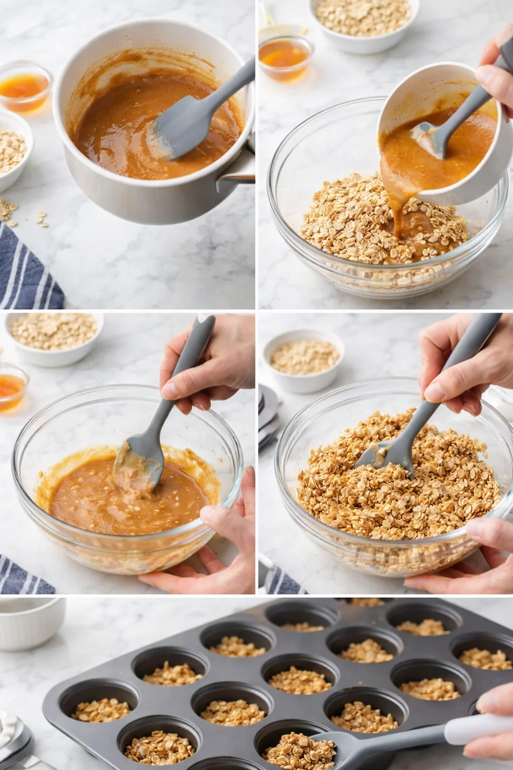 collage showing caramel-coated oats being pressed into muffin cups to make granola cups
