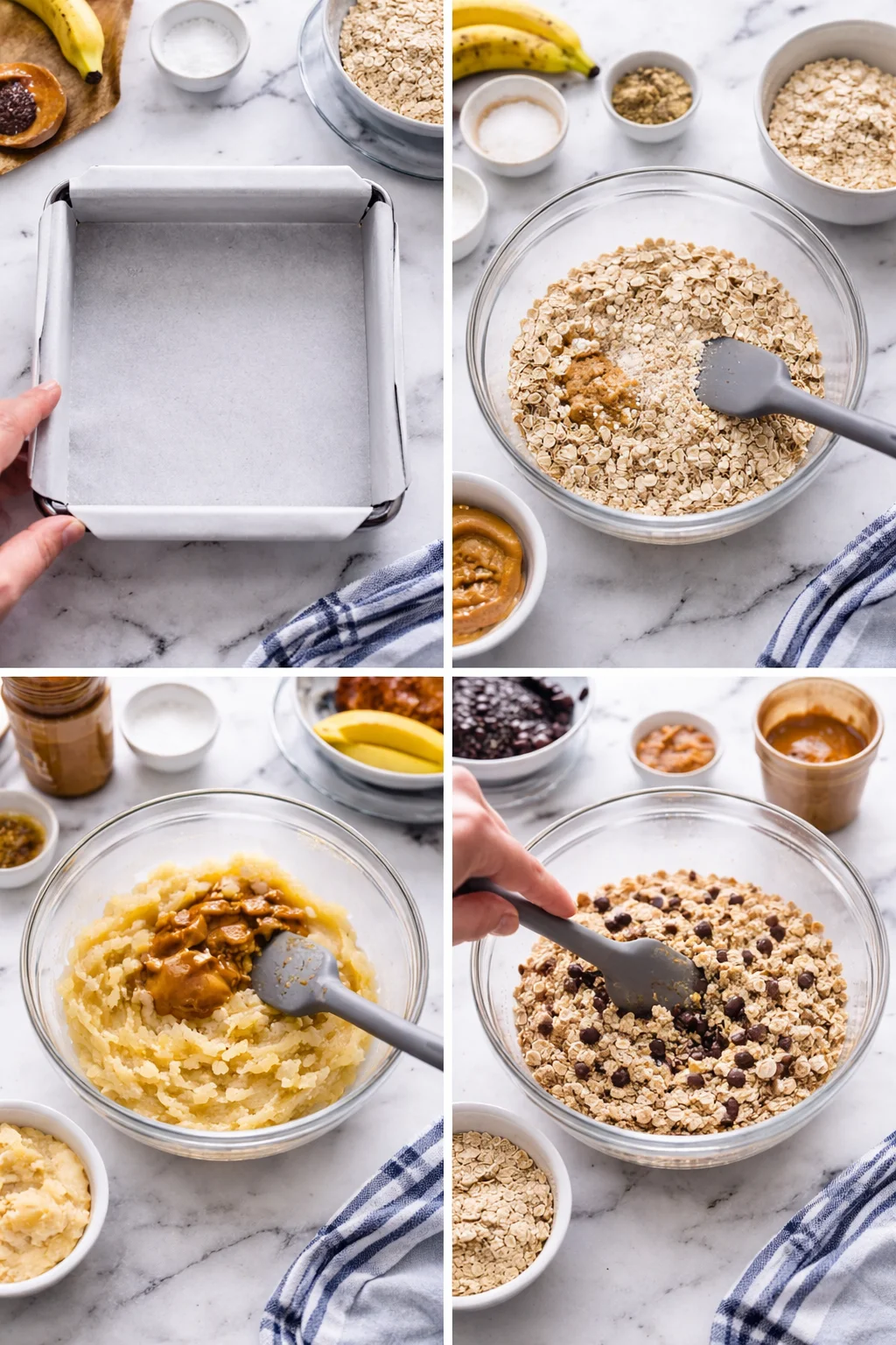 Four-panel collage showing no-bake oat bars being assembled with bananas, oats, and peanut butter.