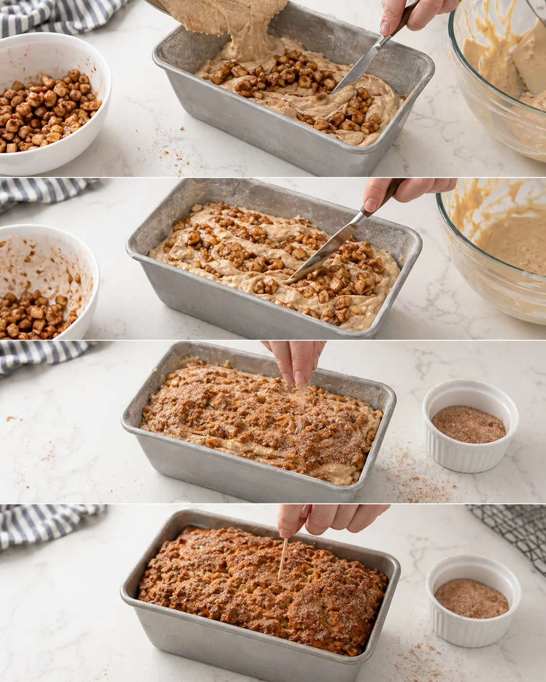 five-panel collage of batter being poured, nuts added, and topping forming in a loaf pan