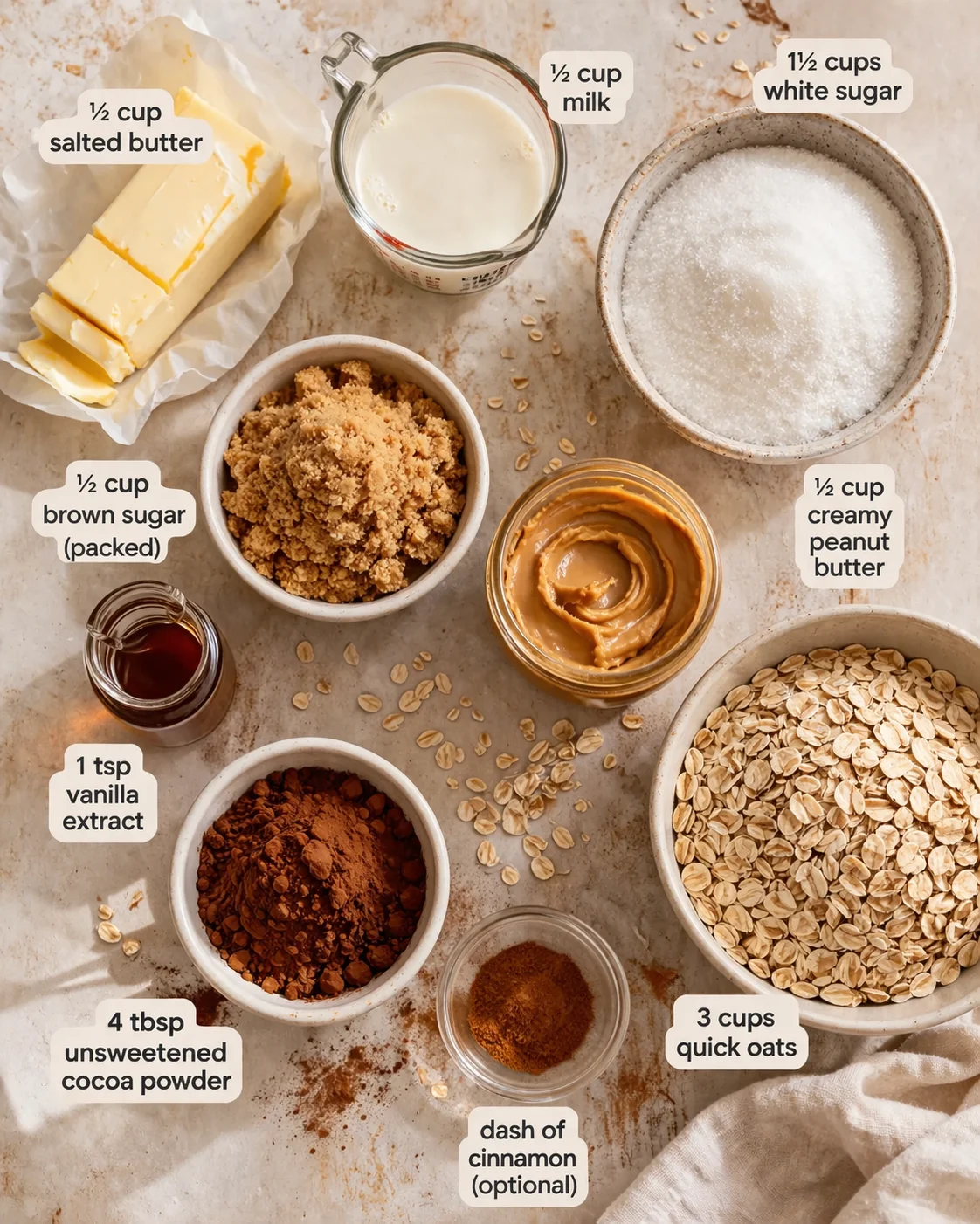 overhead view of ingredients labeled with amounts for a no-bake oat bar recipe