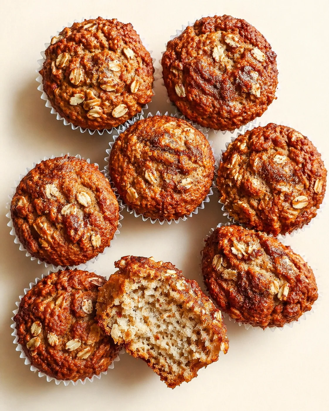 Overhead shot of brown muffins with oats, in white liners, on a pale beige background.