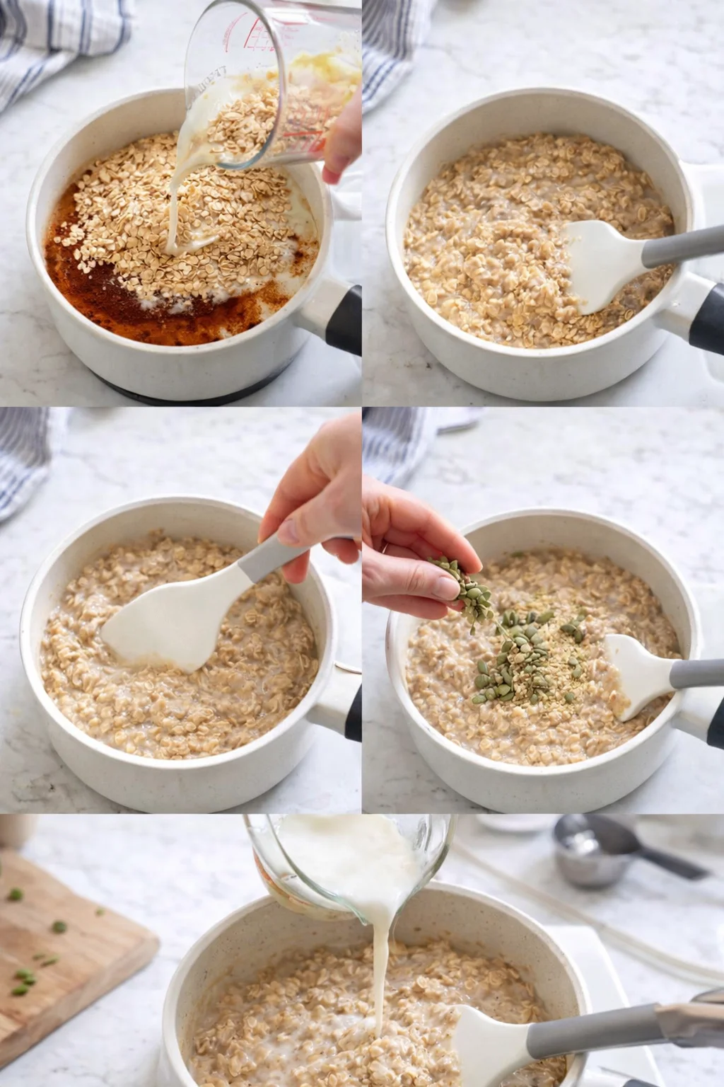 collage showing oatmeal being cooked in a white pot with milk, oats and seeds