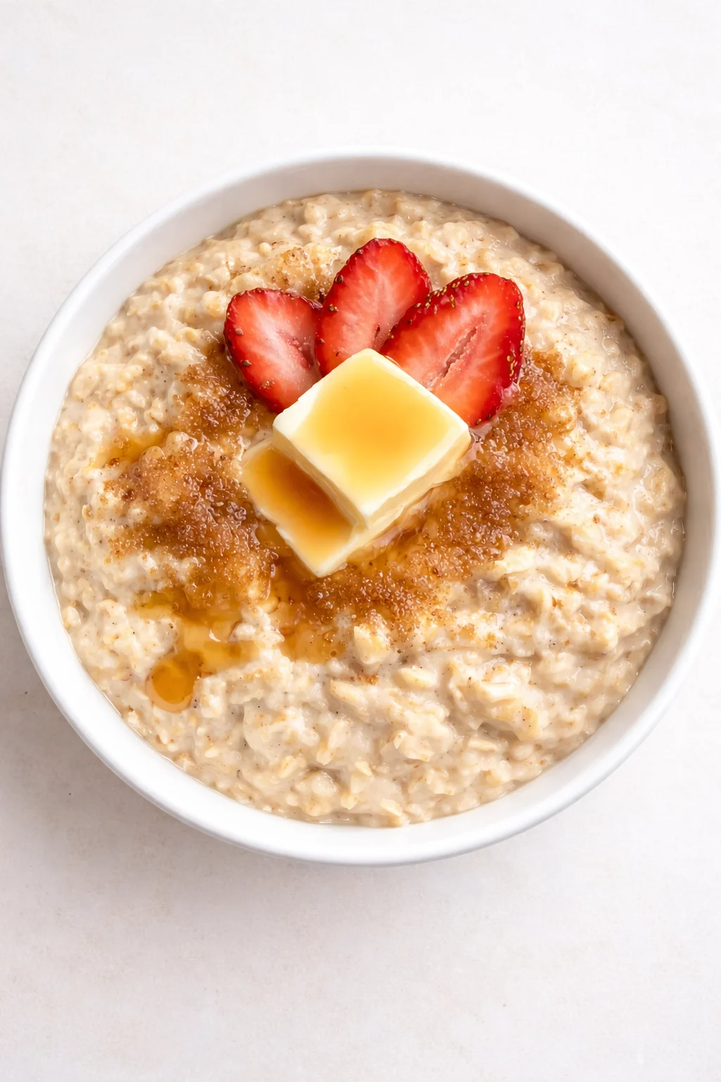 Creamy oatmeal in a white bowl topped with butter, strawberry slices, and caramel drizzle.