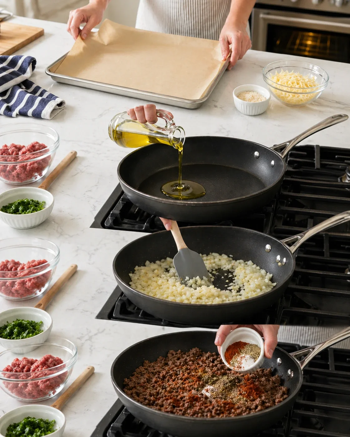 Hands pour olive oil into a frying pan on the stove while onions sizzle nearby