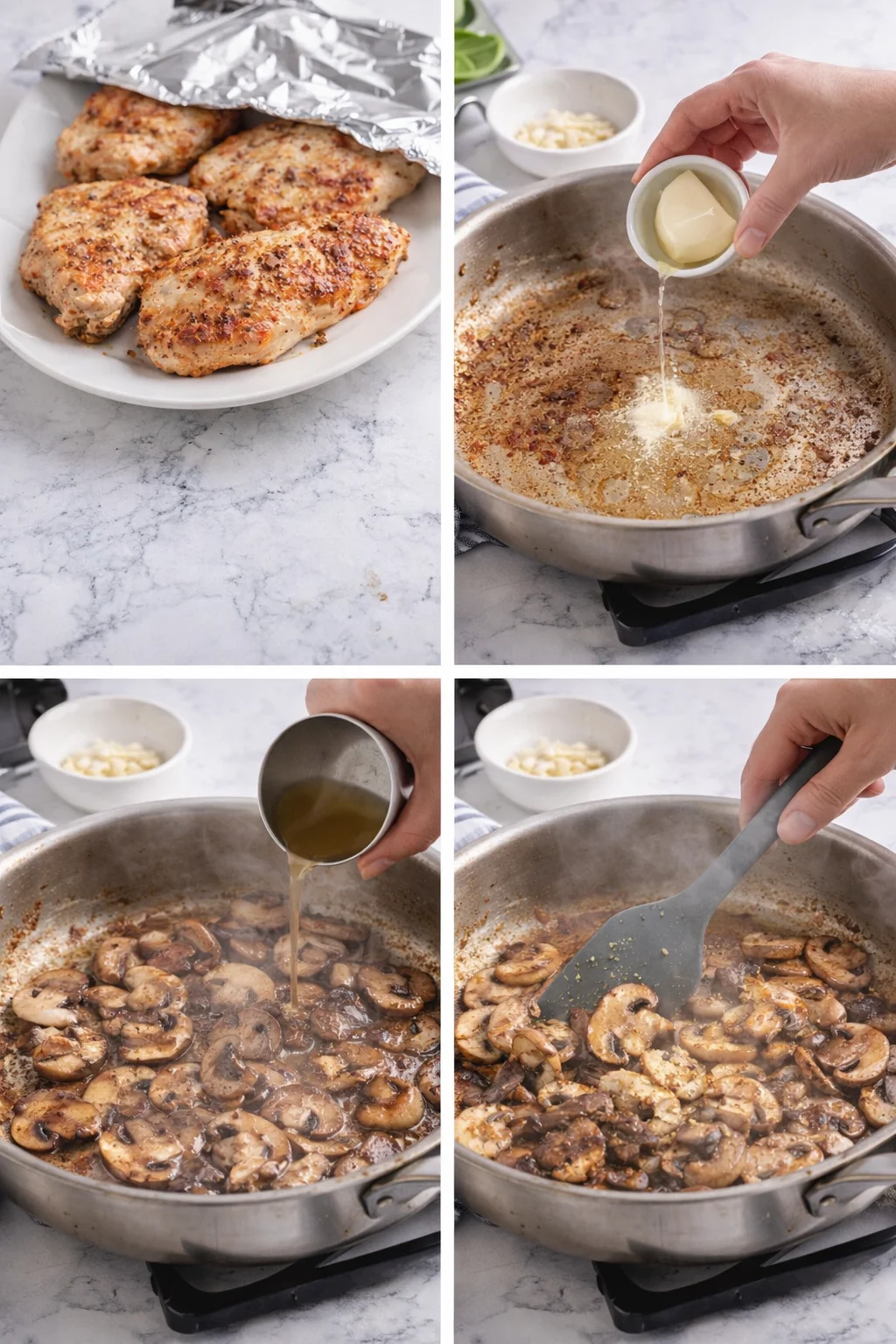 collage showing step-by-step cooking: seared chicken, butter melting in pan, pouring liquid, and mushrooms sautéing.