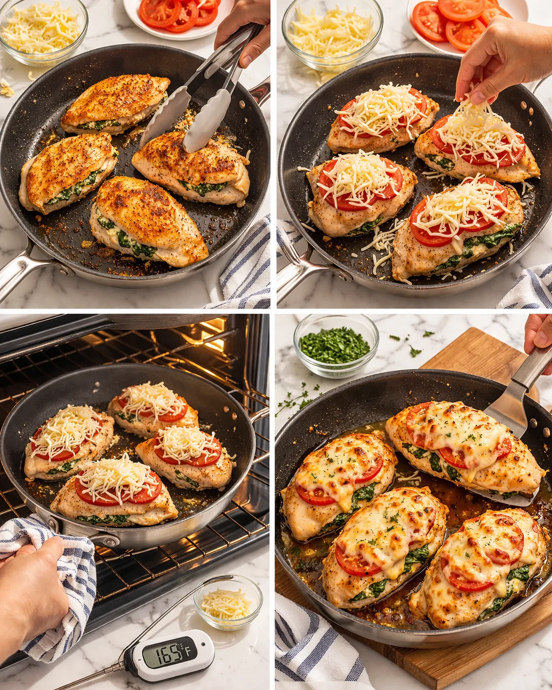Collage showing seared chicken breasts stuffed with spinach, topped with tomatoes and shredded cheese, then baked.