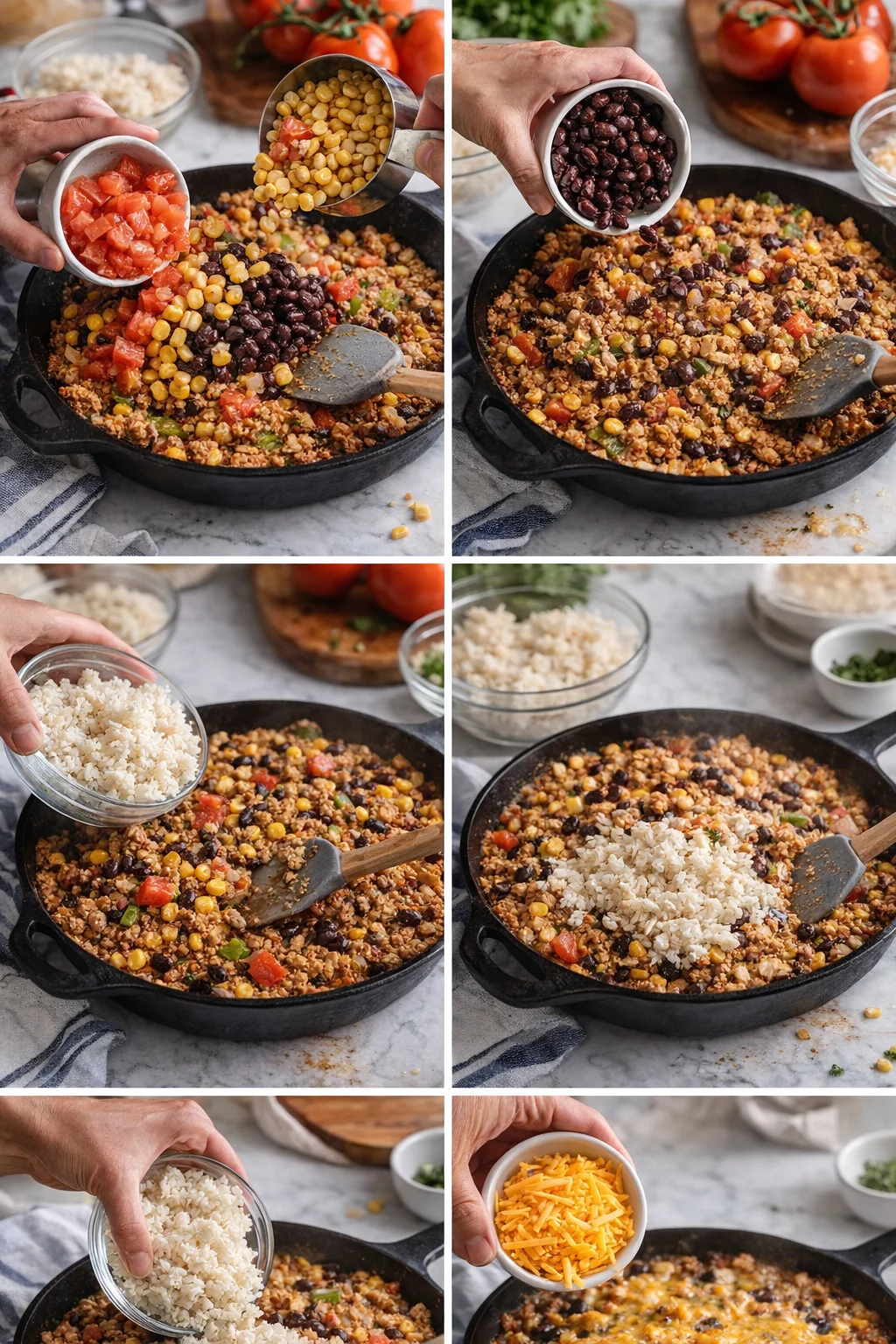 Collage of hands assembling a one-pan taco skillet with vegetables and beans