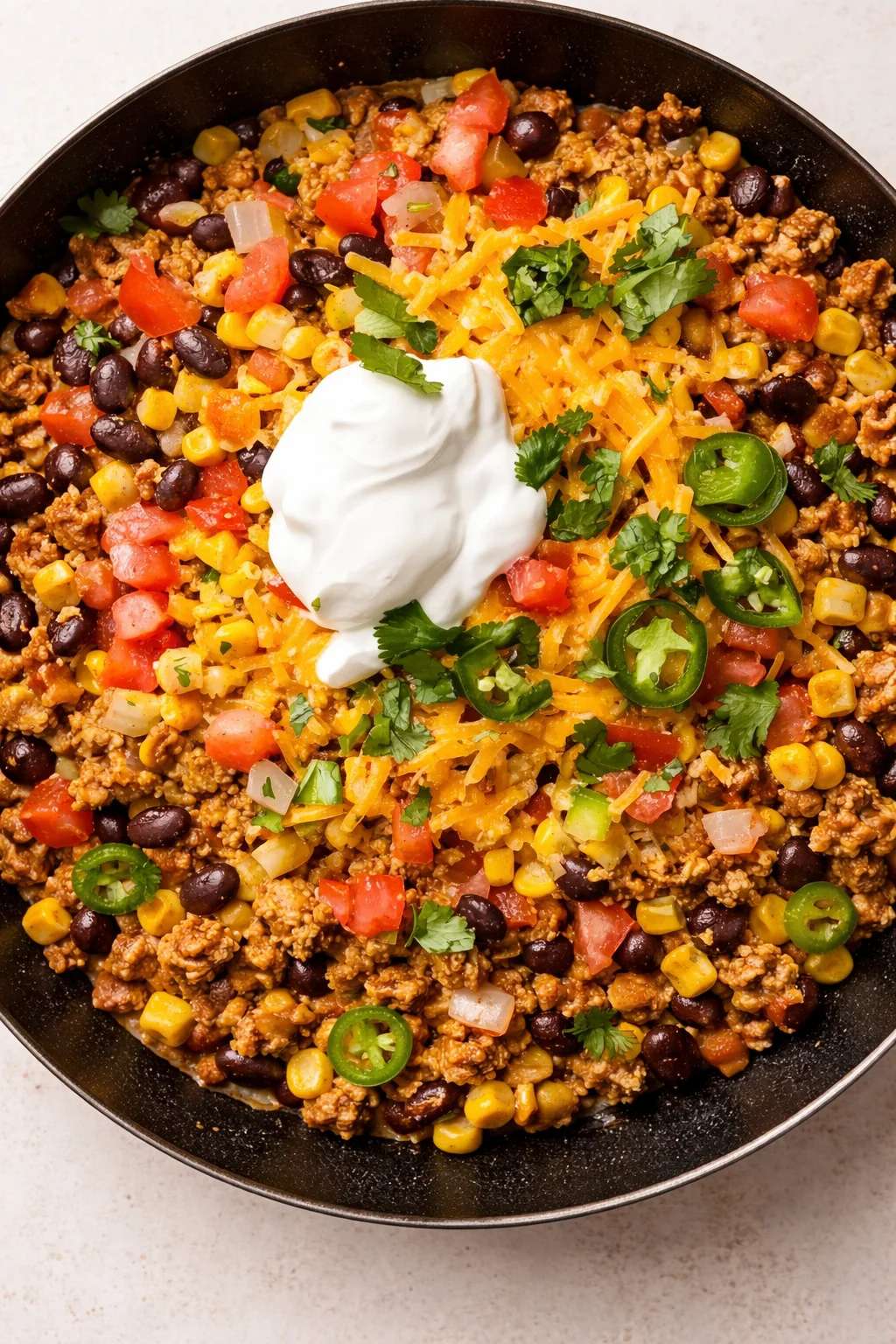 Top-down view of a colorful one-pan taco skillet with beans, corn, tomatoes, and sour cream.