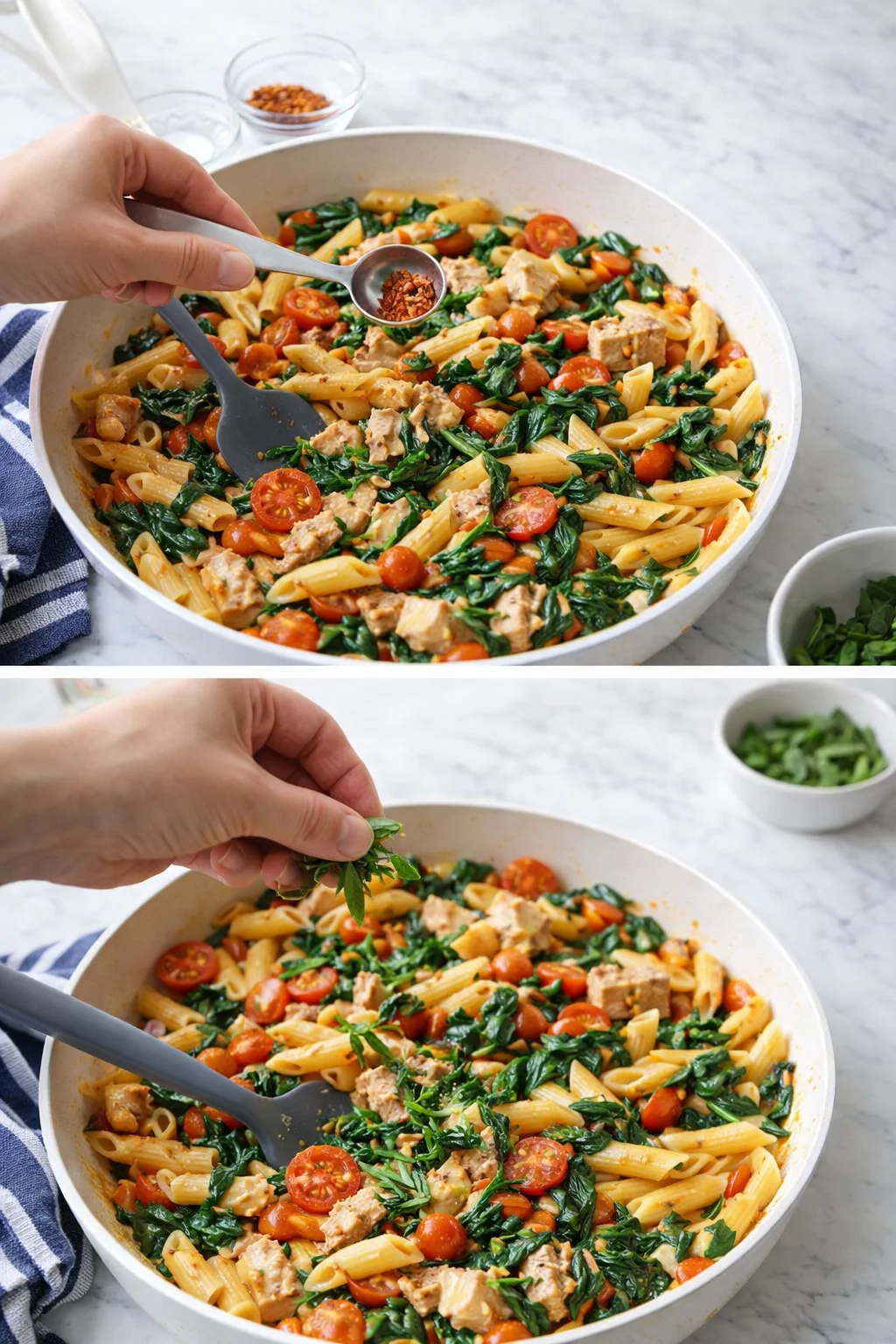Hands garnish and season a one-pan tomato chicken pasta with spinach and cherry tomatoes.