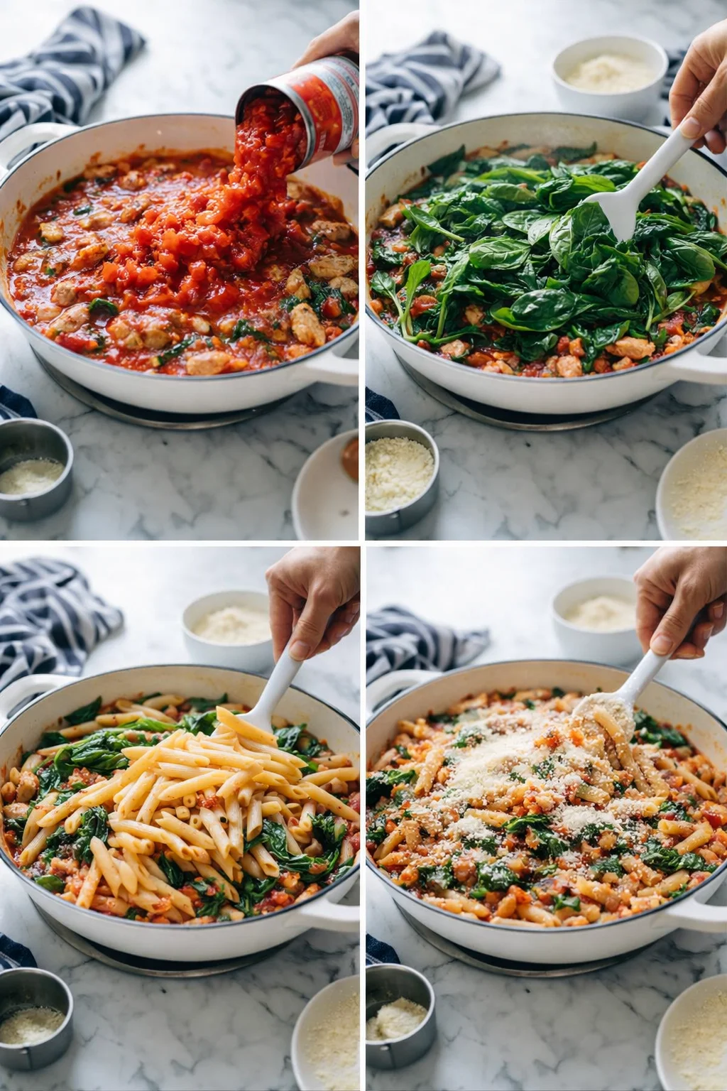 Collage showing a skillet with tomato sauce, spinach, pasta, and grated cheese during cooking.