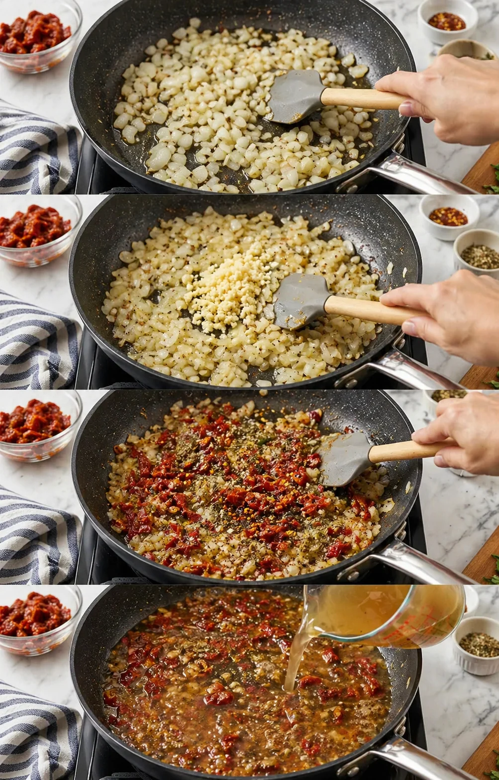 Four-panel collage showing onions sautéed in a black skillet with garlic, spices, and broth added.