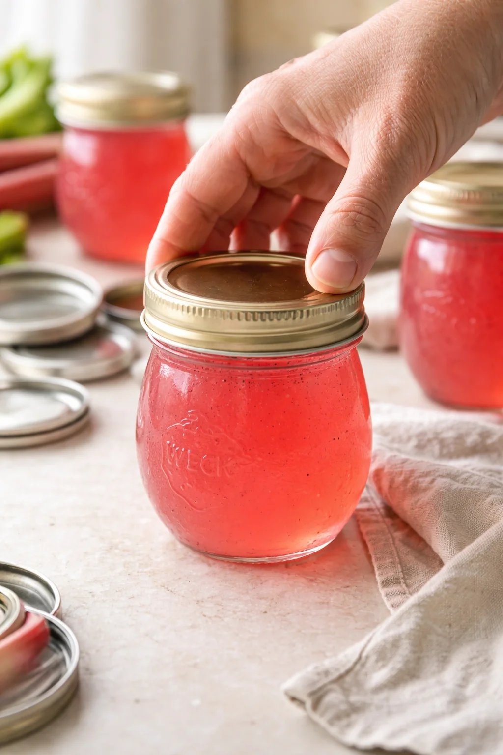 Hand twisting a golden lid on a pink jam-filled mason jar, with more jars in background.