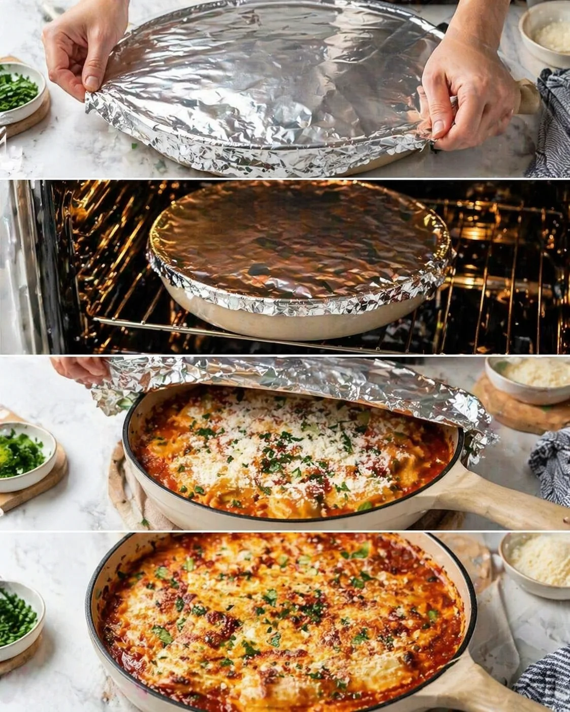 collage showing steps of lasagna being baked: foil removed, dish in oven, finished cheesy lasagna topped with herbs.
