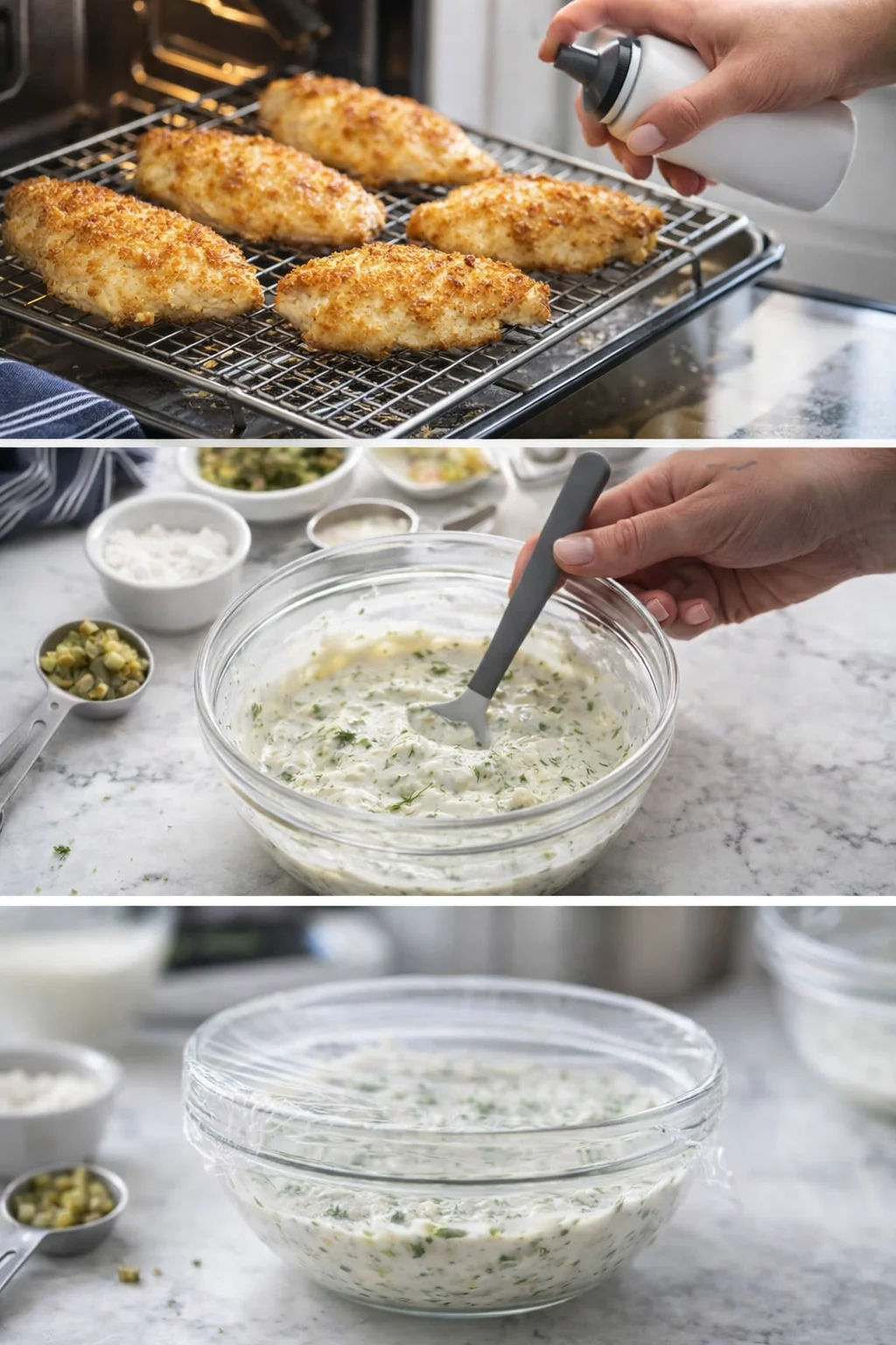 Three-panel kitchen scene: crispy chicken tenders baking, creamy herb sauce being mixed, large bowl of sauce.