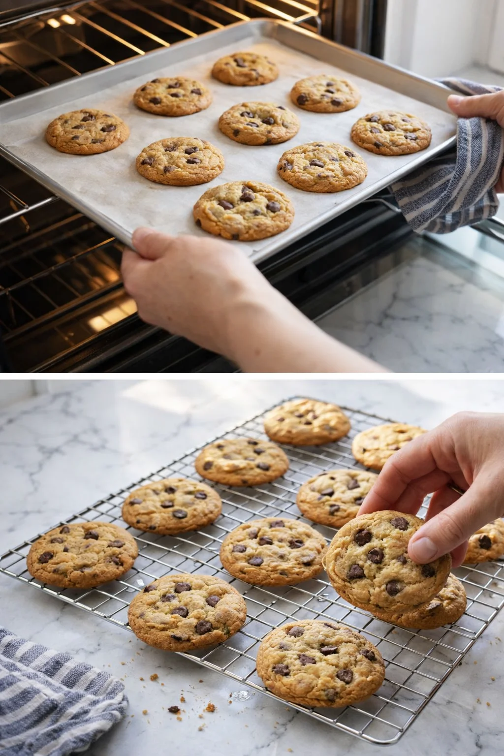 Tray of oven-baked chocolate chip cookies being removed, cooling on a wire rack.