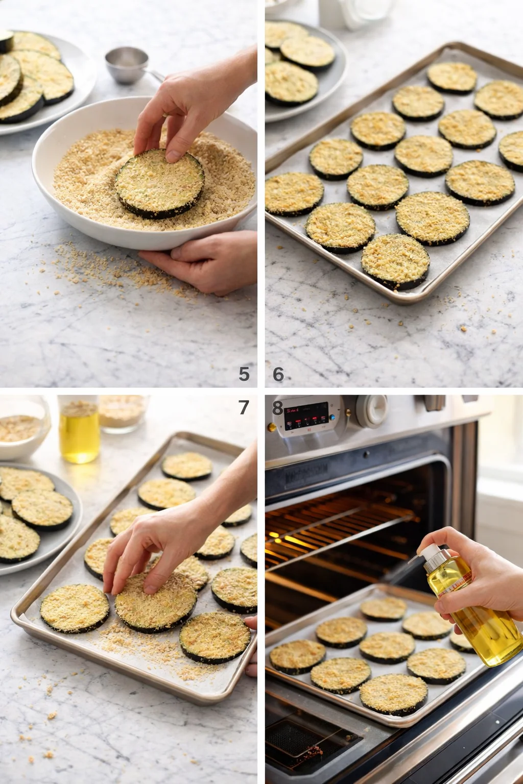 Hands breading eggplant rounds with breadcrumbs on a marble countertop and a baking tray ready for the oven.