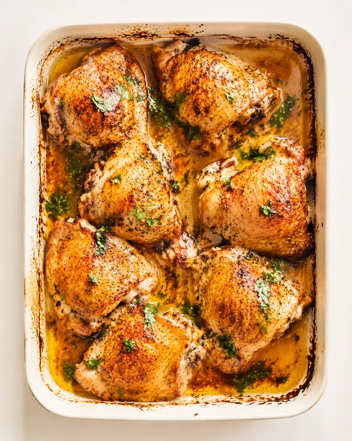 six bone-in chicken thighs with crispy, golden-brown skin in a white baking dish, garnished with parsley