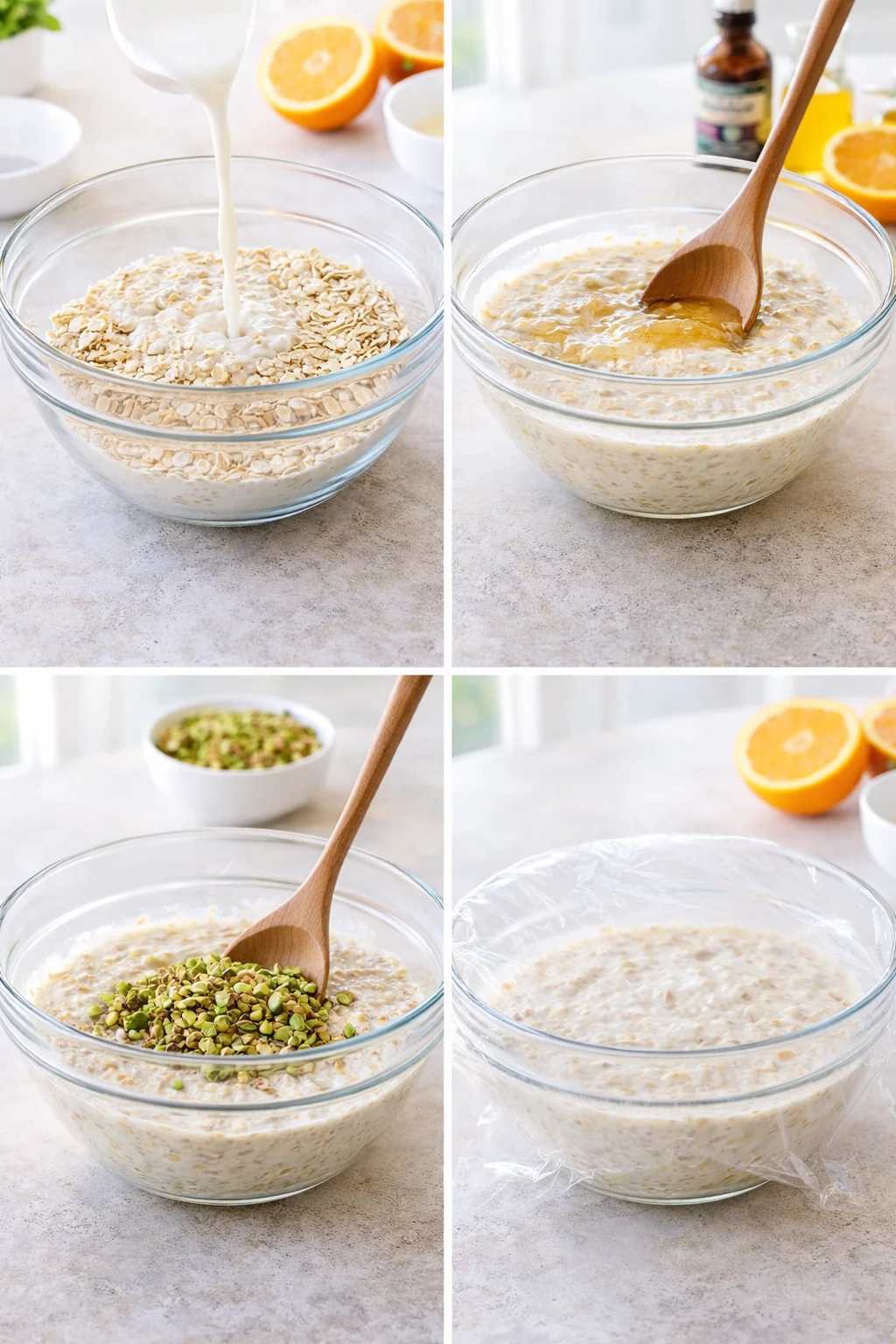 Four-panel collage showing pouring milk, mixing oats, adding pistachio topping, and covering oats.
