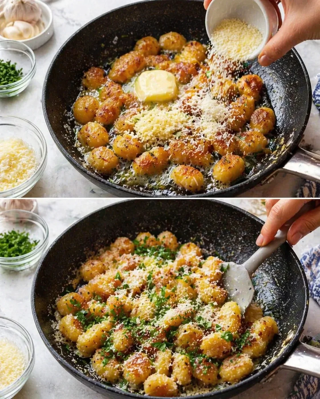 Skillet of golden potato gnocchi with butter and grated cheese being sprinkled