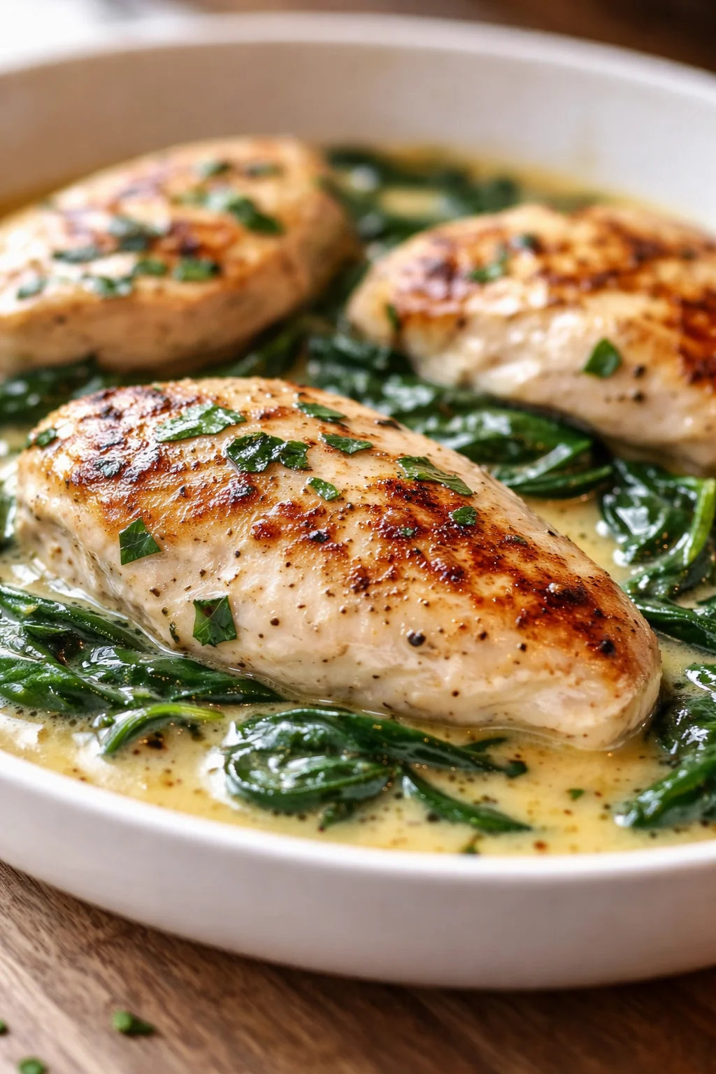 Three pan-seared chicken breasts in creamy sauce with wilted spinach.