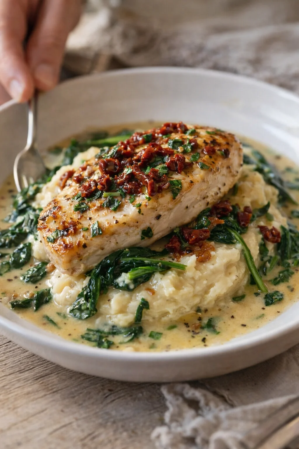 Pan-seared chicken breast with crispy topping on creamy mashed potatoes and wilted greens