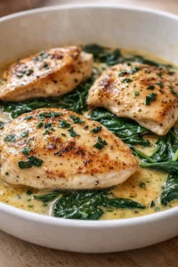 Three pan-seared chicken breasts in a creamy herb sauce atop wilted spinach in a white skillet.