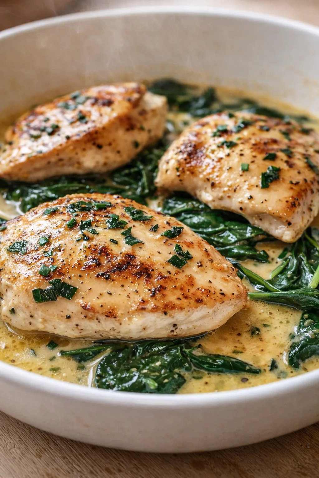 Three pan-seared chicken breasts in a creamy herb sauce atop wilted spinach in a white skillet.