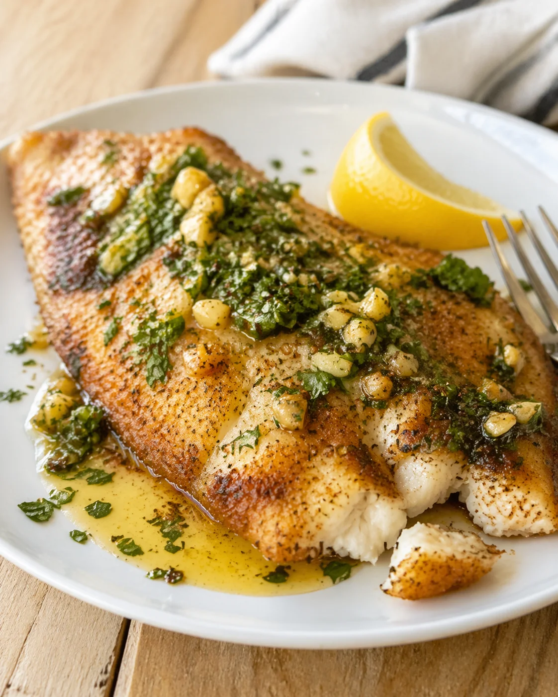 pan-seared white fish fillet with herb topping, lemon wedge, and buttery sauce on plate.