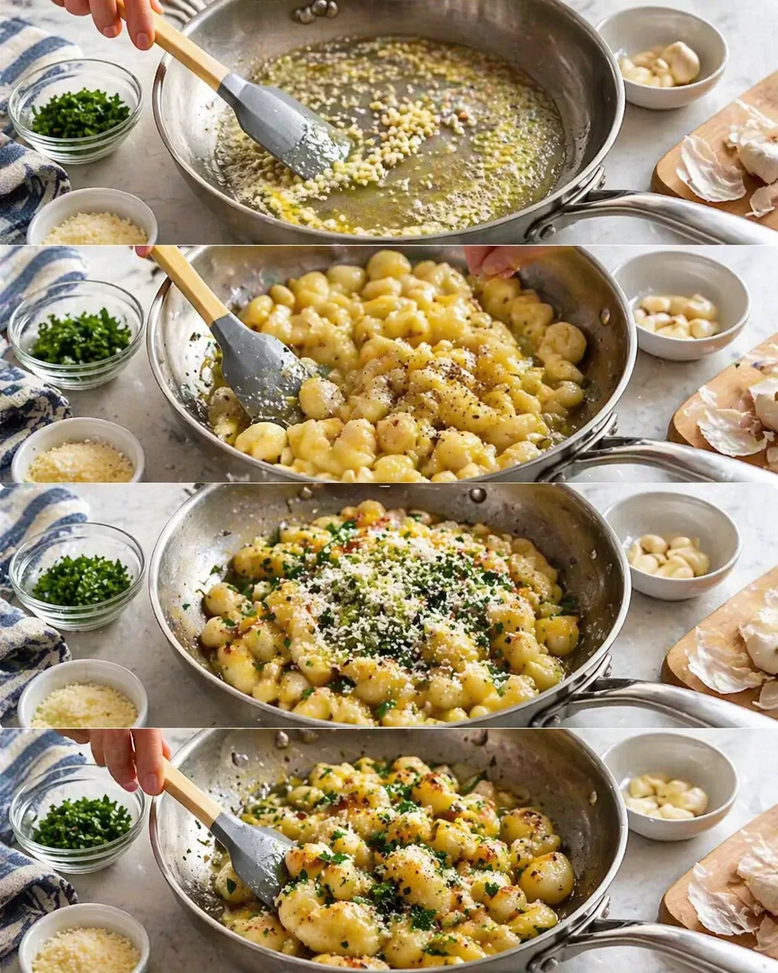 four-panel collage of gnocchi being sautéed in butter with parsley and parmesan
