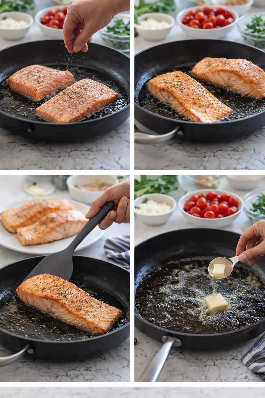 sequence of salmon fillets being pan-seared in a black skillet with butter and prep bowls.