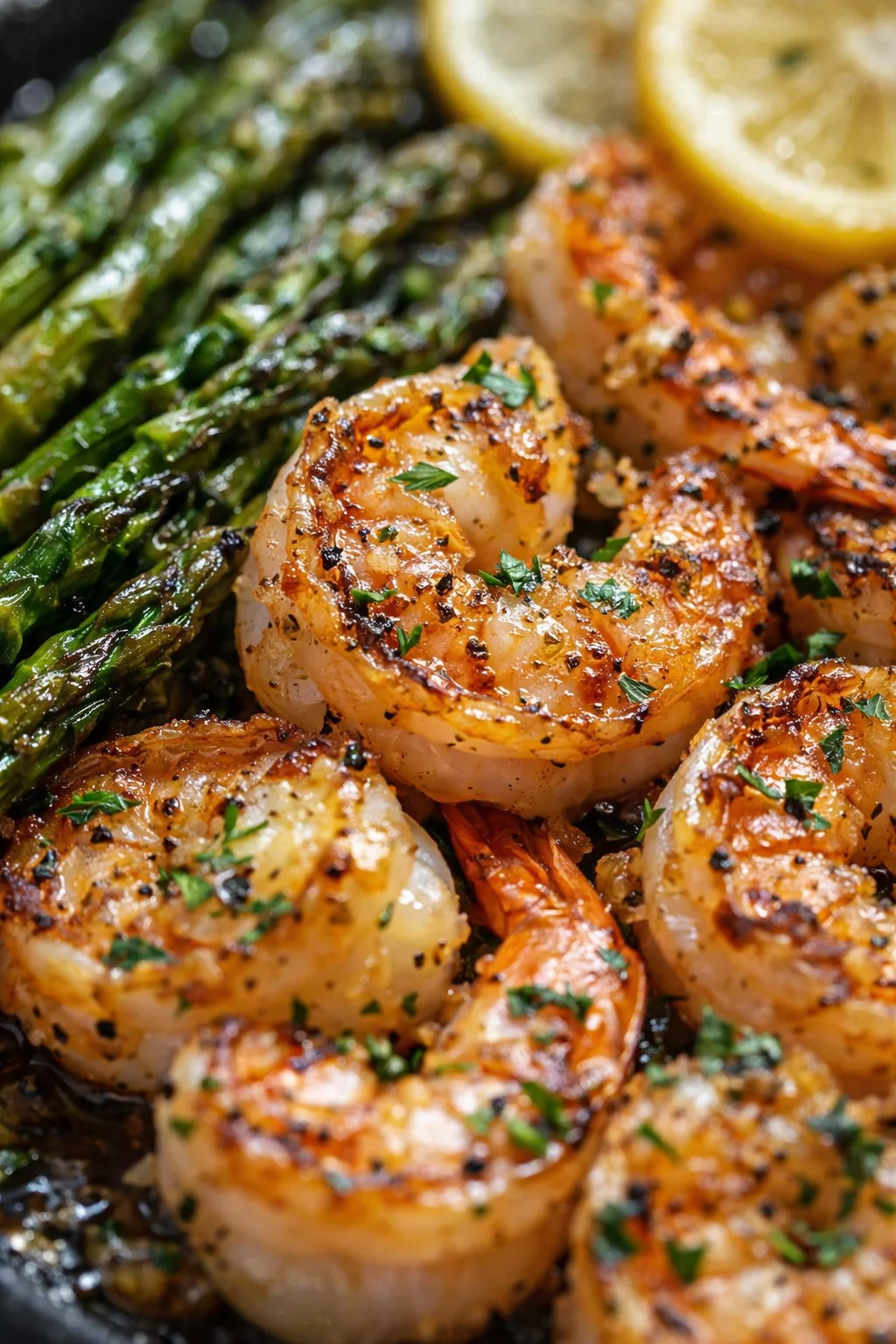 Close-up of pan-seared shrimp with asparagus and lemon wedges on a skillet.