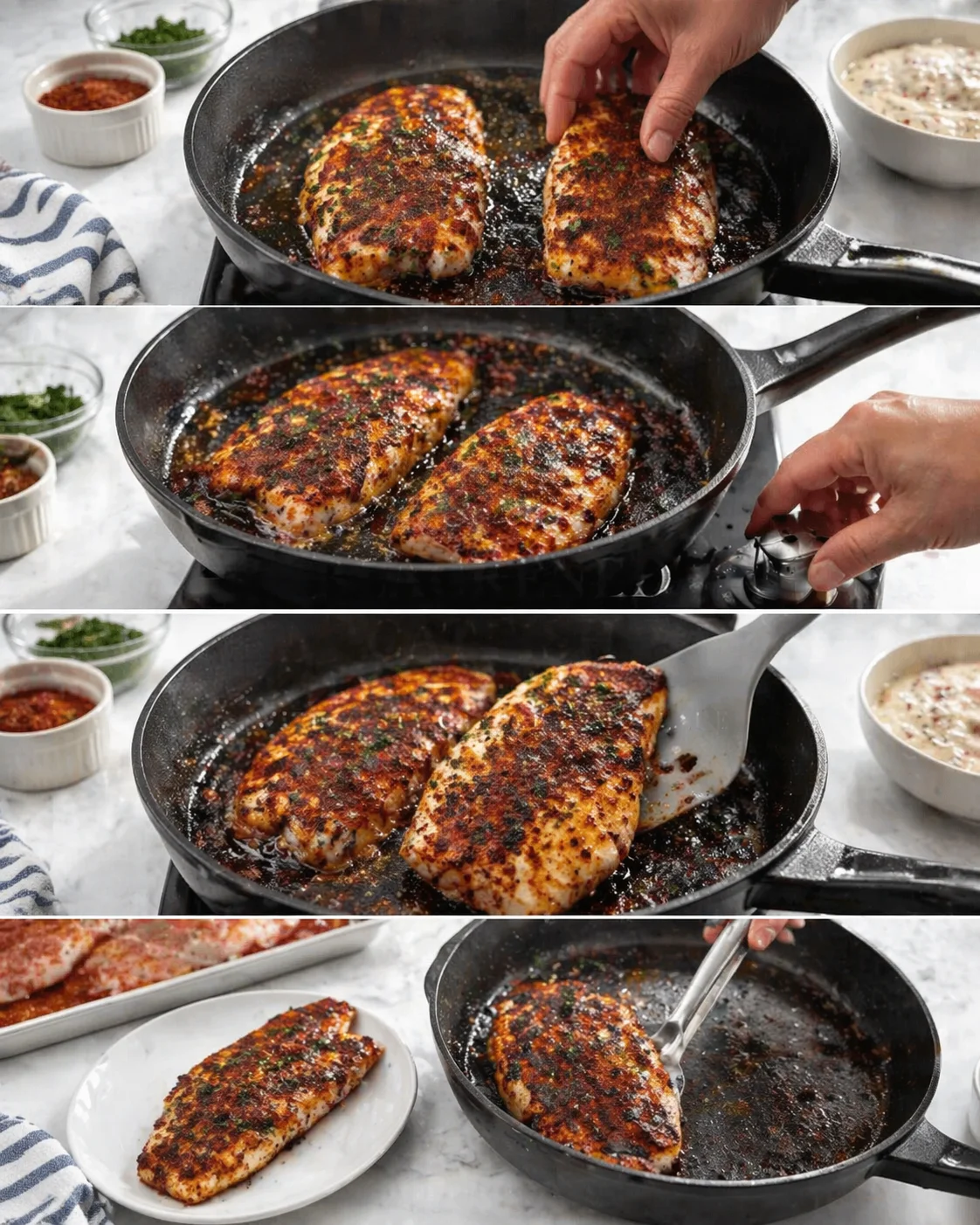 Four-panel collage showing chicken breasts searing in a spice-coated skillet with prep bowls nearby.
