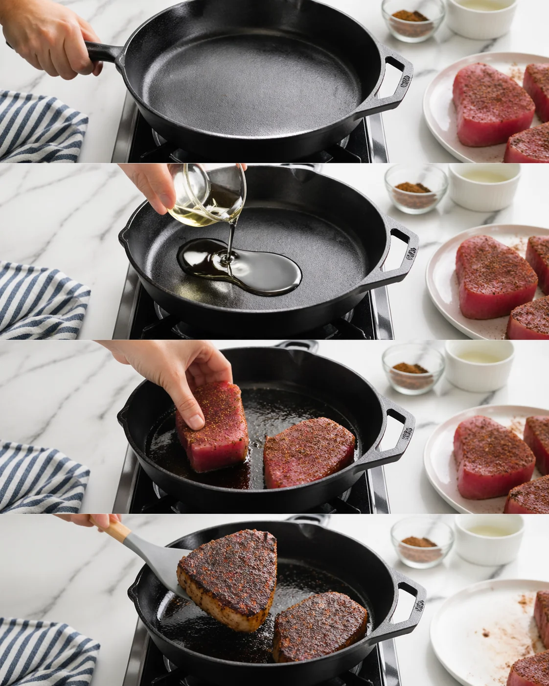 A collage showing thick meat steaks seared in a cast-iron skillet.