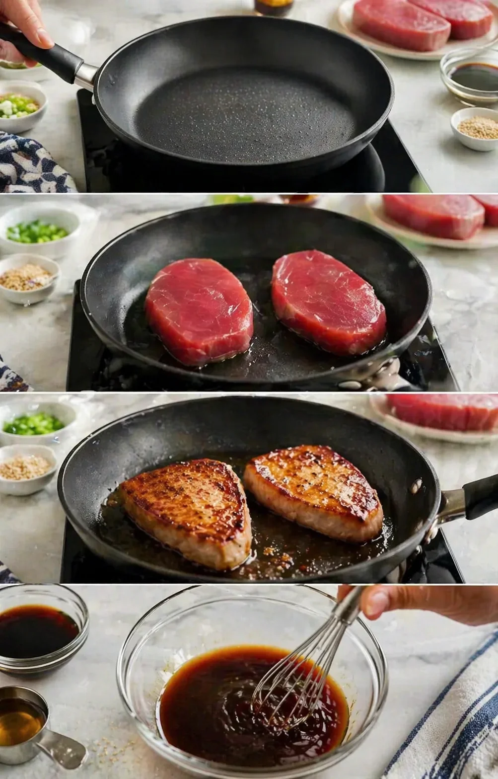 A four-panel collage of cooking steps: oil in a skillet, two raw steaks, seared steaks, and a whisked glaze.