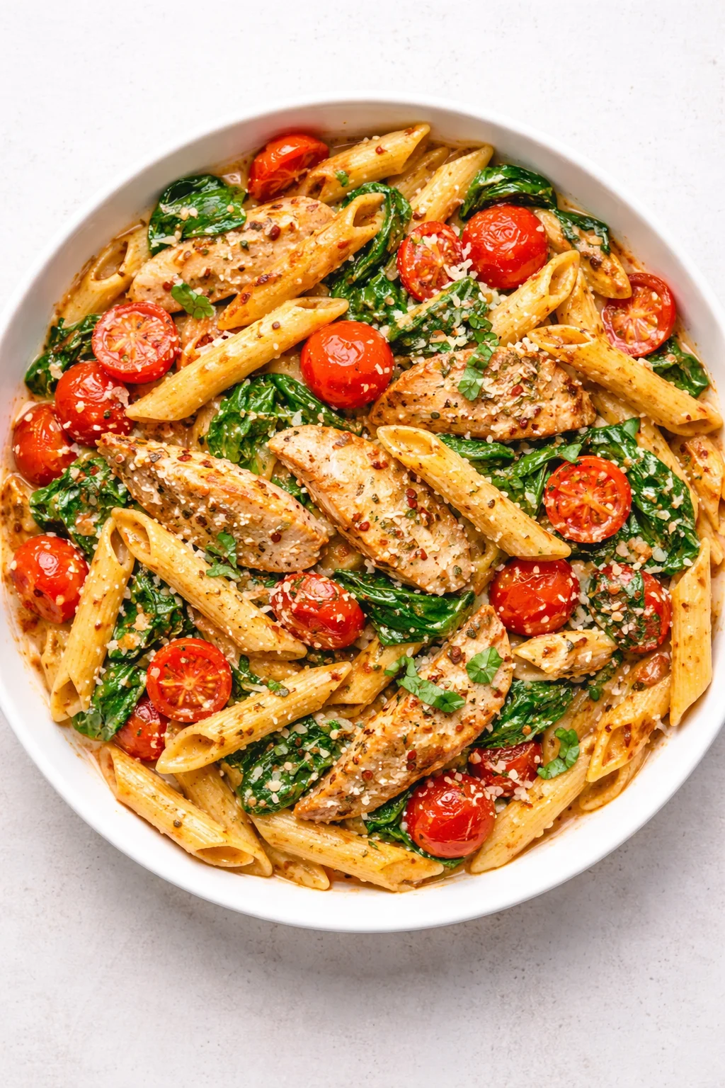 white bowl of penne pasta with cherry tomatoes, spinach, chicken slices, and parmesan