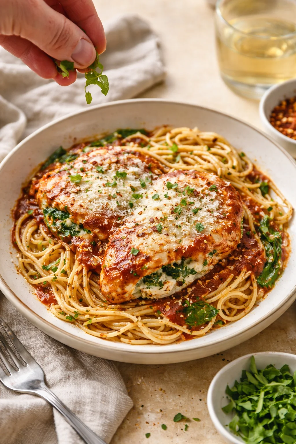 bowl of spaghetti with tomato sauce, parmesan-topped chicken, and fresh herb garnish