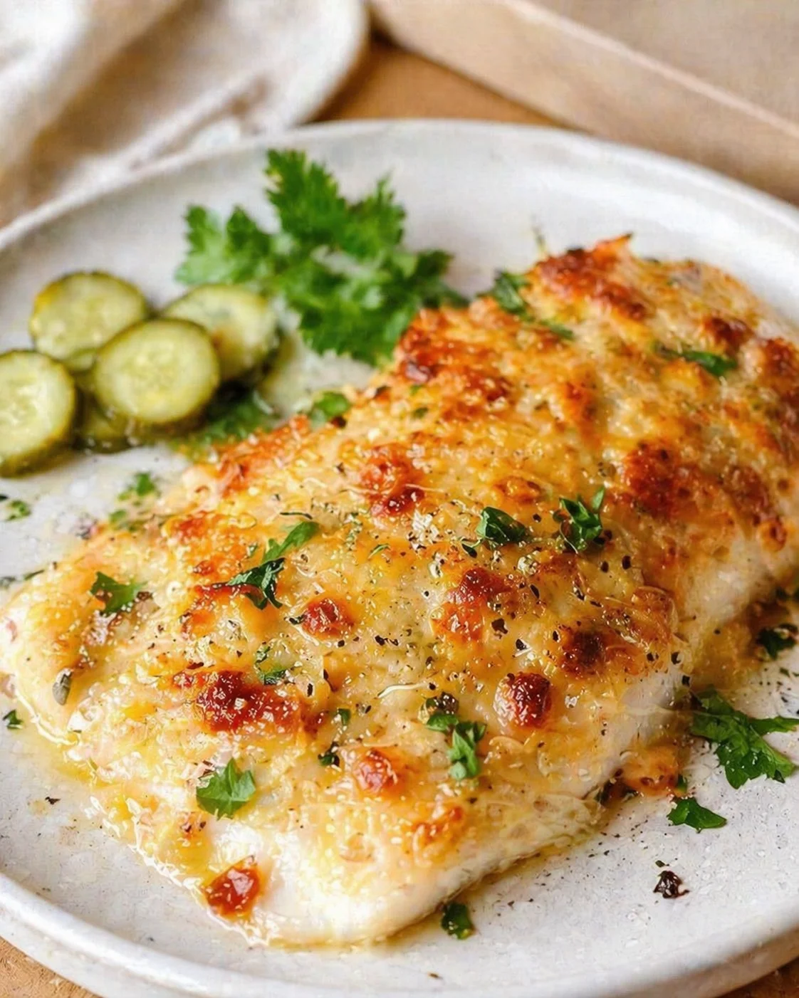 golden parmesan-crusted chicken breast on a white plate with zucchini slices and parsley