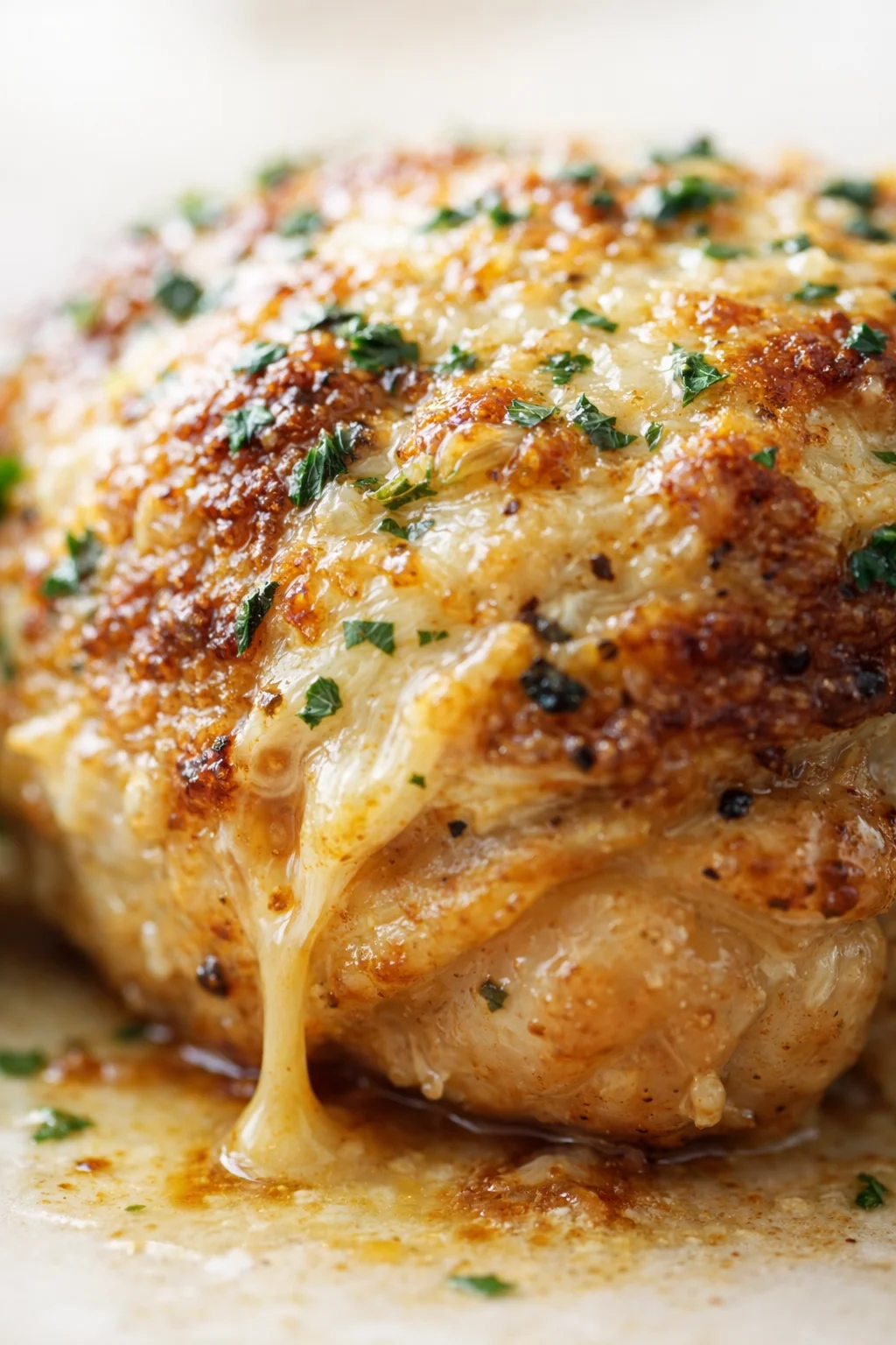 close-up of parmesan-crusted roasted chicken with melted cheese and parsley on a white plate