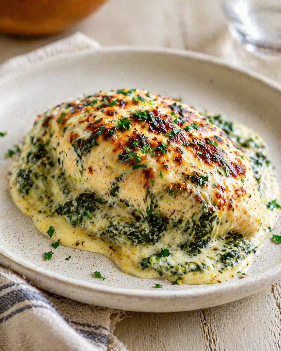 parmesan-crusted chicken resting in a creamy spinach sauce on a beige plate, garnished with parsley.